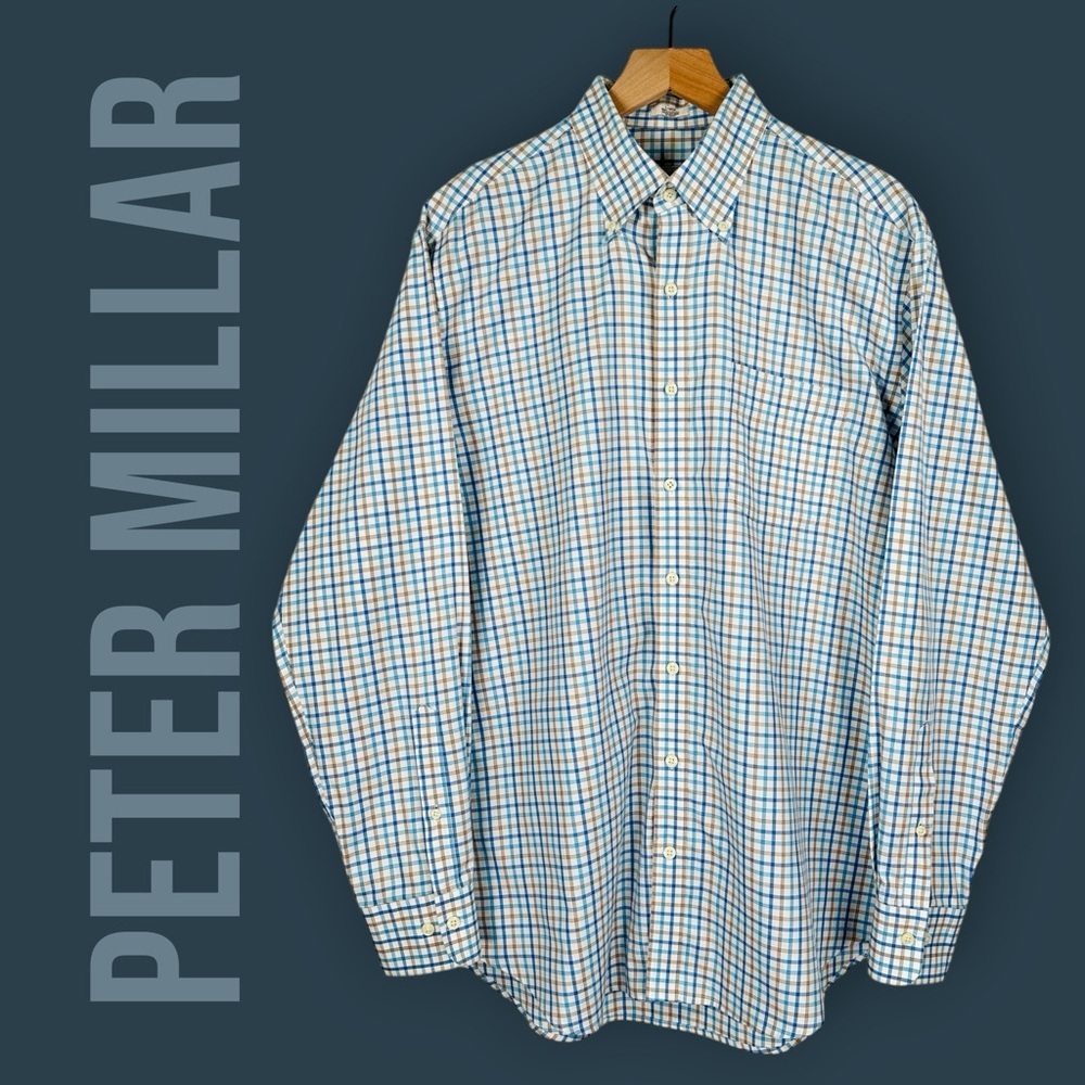 Peter Millar Mens Large Blue Brown Checkered Plaid Long Sleeve Button Down Shirt